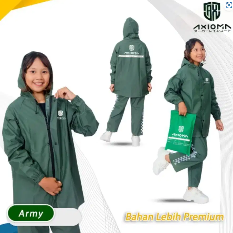 Jas Hujan Set Anak Laki-laki Perempuan Hijau Army 9-12 Tahun