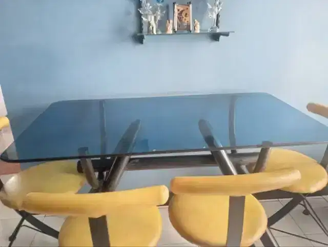 Obral meja makan dinning table set 6 kursi kaca blue tebal 10mm