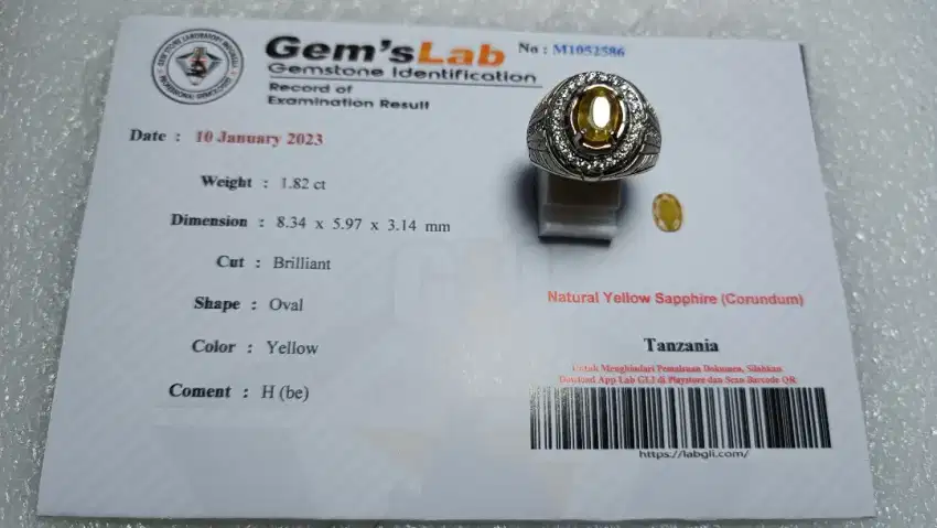 Cincin Natural Yellow Sapphire 1.82 Ct Bersertifikat