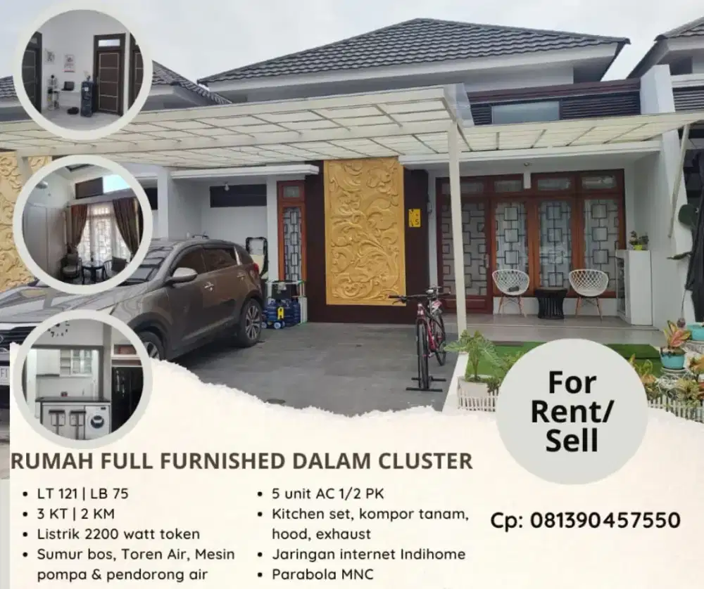 Disewa/dijual rumah full furnishdalam cluster dekat pasar pagi Arengka