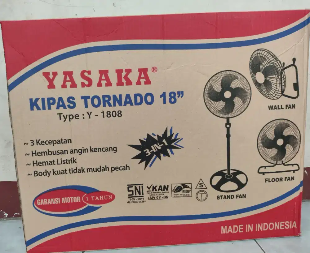 Kipas Angin Tornado YASAKA, 18 inc, bahan besi, 3 Mode. Barang Baru