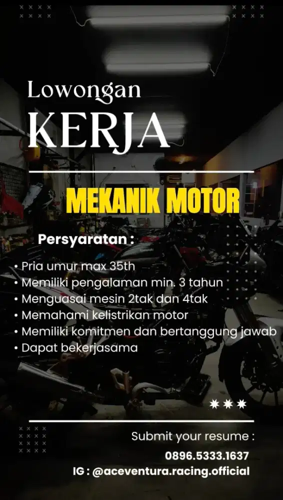 Lowongan kerja mekanik motor / assistant untuk daerah Depok