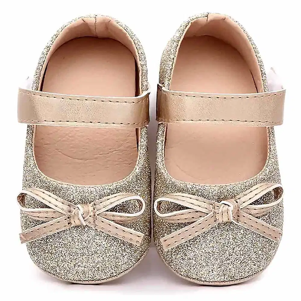 250220D Baby Girl PreWalker Gold Shoes Bow Knot Velcro Strap Ribbed An
