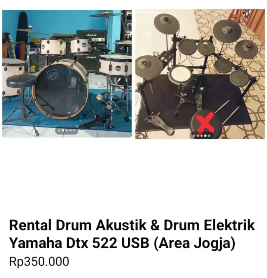 Rental Drum Akustik & Elektrik / Snare Drum / Cymbal Set / Cajon Dll