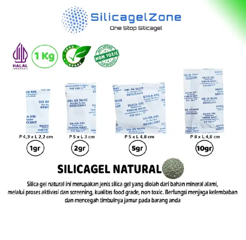 SILICA GEL natural Food Grade 0,5gr , 1gr, 2gr, 5gr, 10gr, 25gr grosir