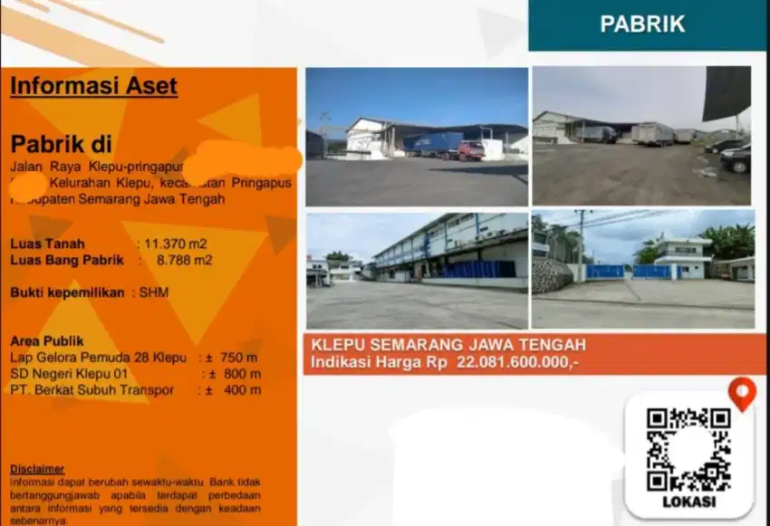 Dijual Pabrik Klepu Pringapus Semarang