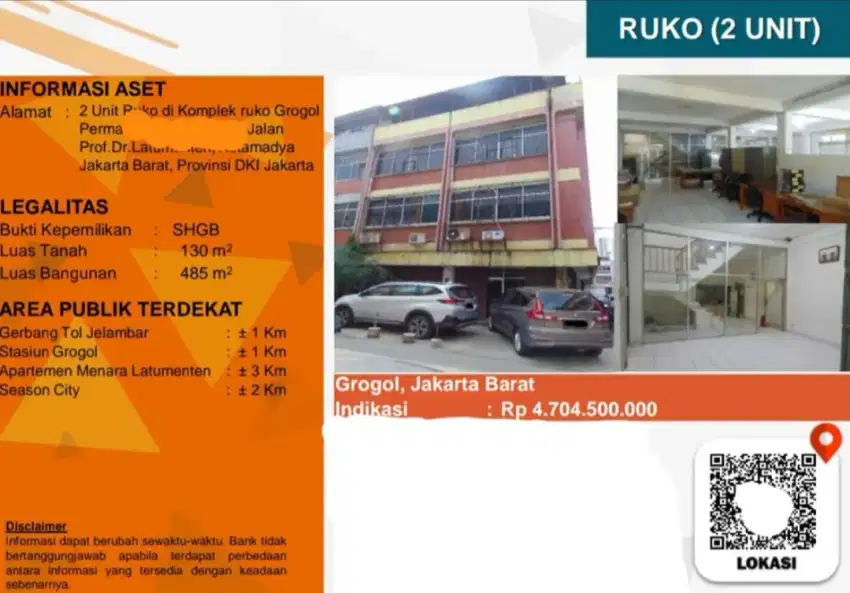 Dijual 2 Unit Ruko Komplek Grogol Permai