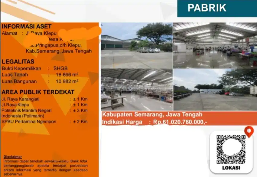 Dijual Pabrik Jalan Raya Klepu Pringapus
