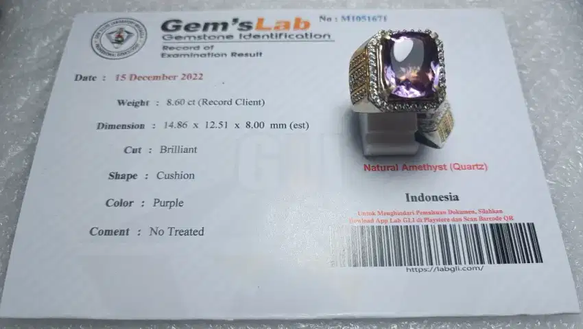Cincin Natural Amethyst/Kecubung Indonesia 8.60 Ct Mewah Bersertifikat