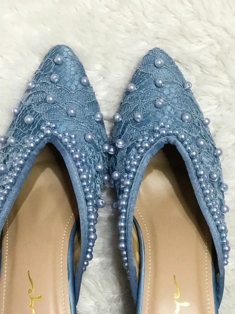 (jualcepat) SEPATU BRUKAT PAYET BIRU DENIM 7CM