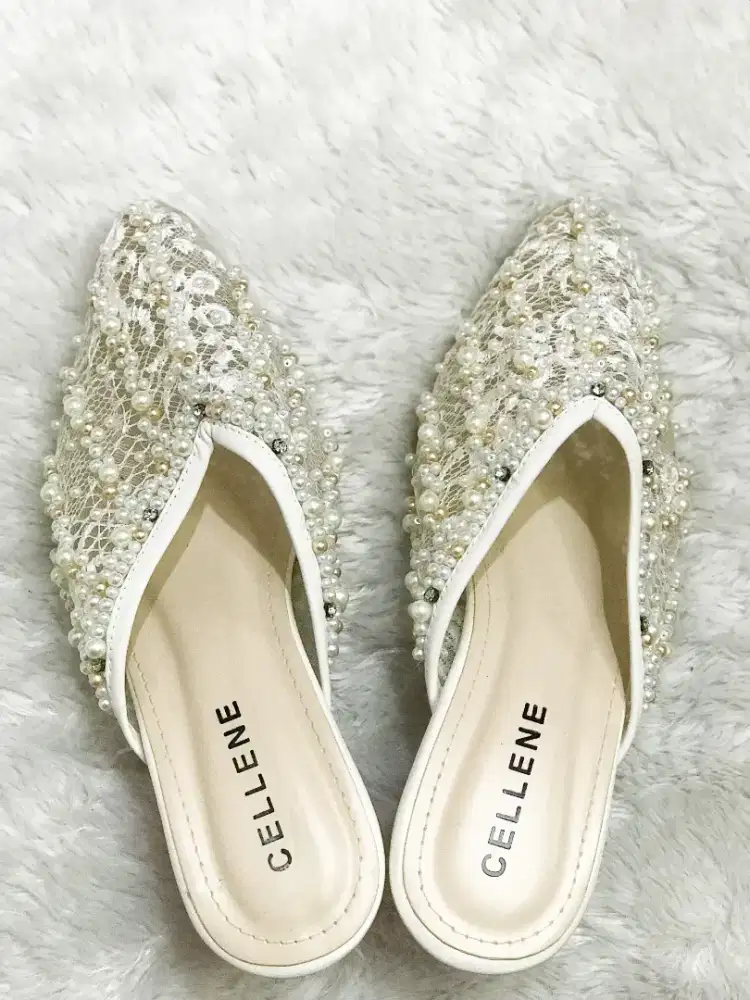 (jualcepat) SEPATU NIKAH MEREK CELLENE BRUKAT PAYET PUTIH