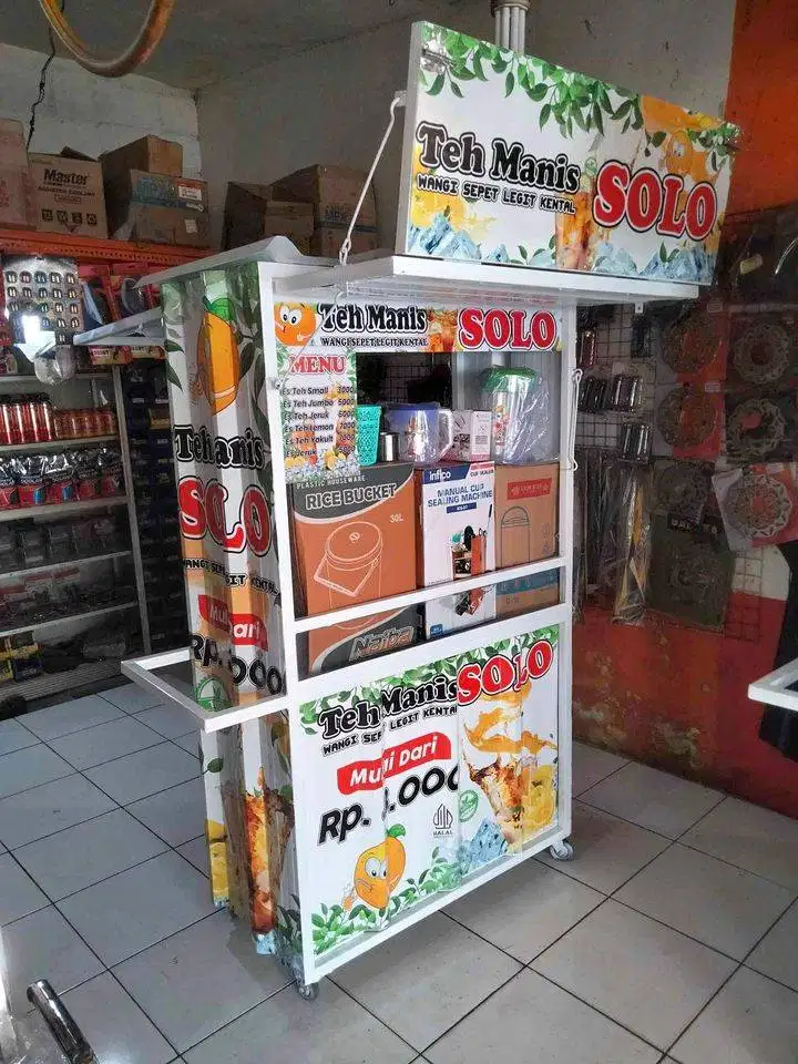 Paket ES Teh Solo Gerobak Besi Roda Kecil Kanopi depan spesial