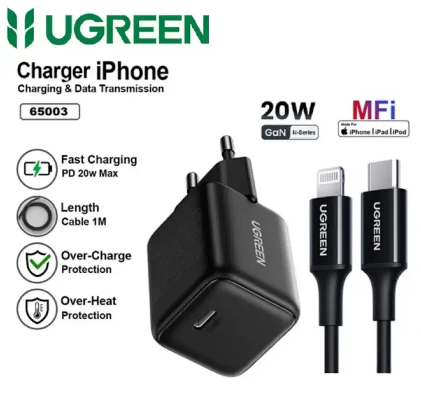 UGREEN CHARGER 20W IPHONE ADAPTOR GAN KABEL TYPE C TO LIGHTNING FAST