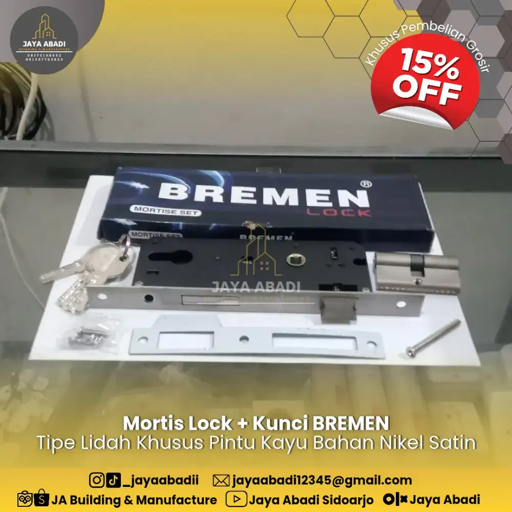MORTIS LOCK + SILINDER KUNCI MEREK BREMEN TIPE LIDAH UNTUK PINTU KAYU