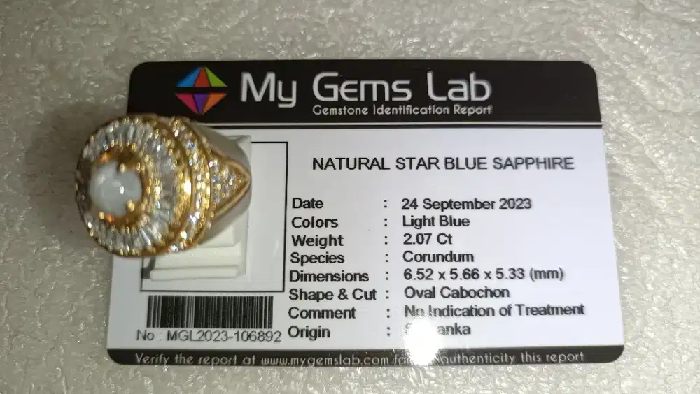 Cincin Natural Star Light Blue Sapphire 2.07 Ct Ceylon Bermemo