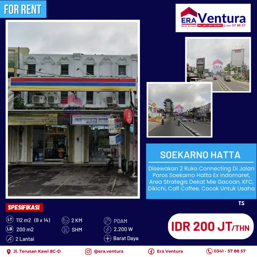 Disewakan 2 Ruko Connecting Di Soekarno Hatta, Ex Indomaret