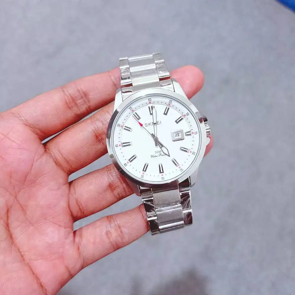 Jam tangan pria skmei stainless steel ab1654 silver rantai keren