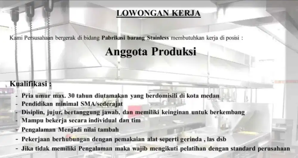 Lowongan pabrik perabotan stainless tukang Helper welder design grafis