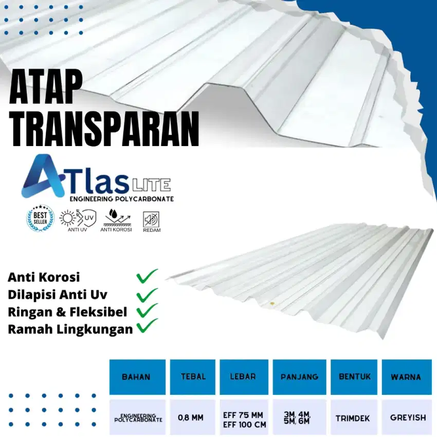 Atap transparant lebar 1 meter bahan engginering polycarbonate,