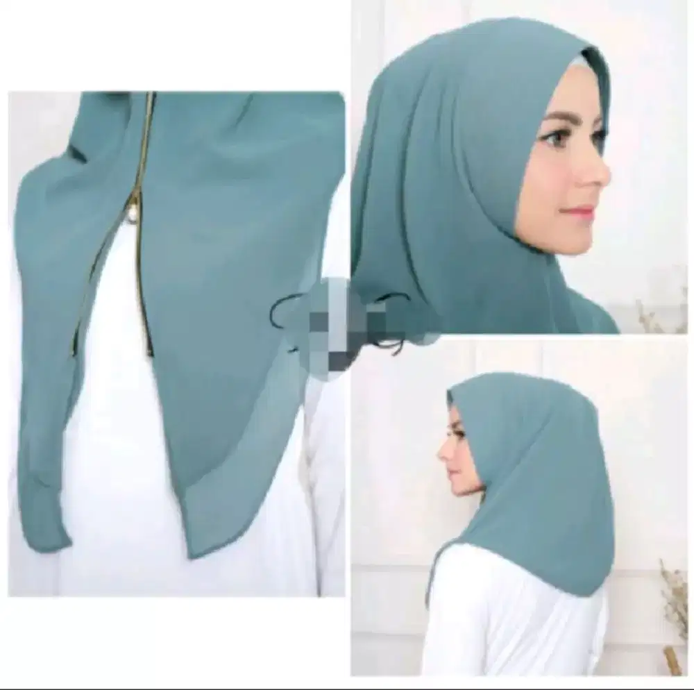 Jilbab instan Hoodie resleting praktis tinggal slup