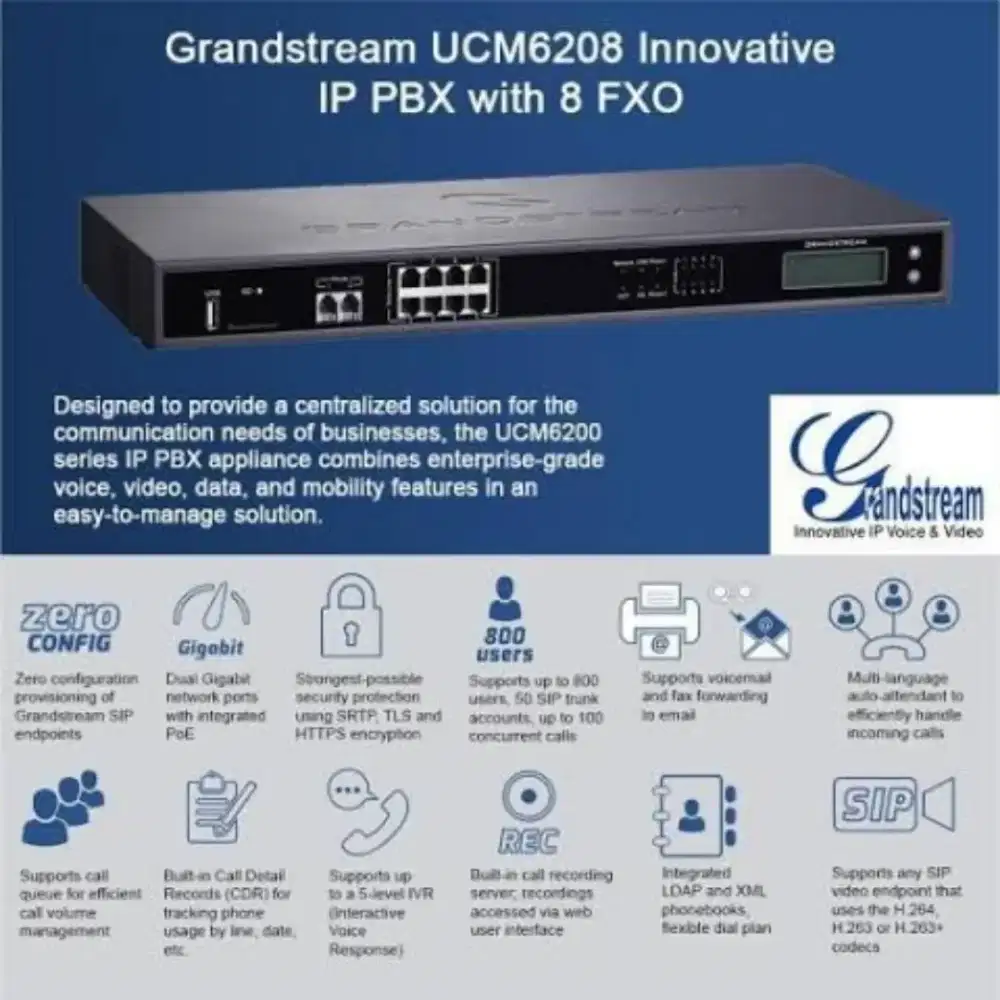 Di jual GrandStream UCM6208 IP PBX 8FXO, 2FXS, 2GigE