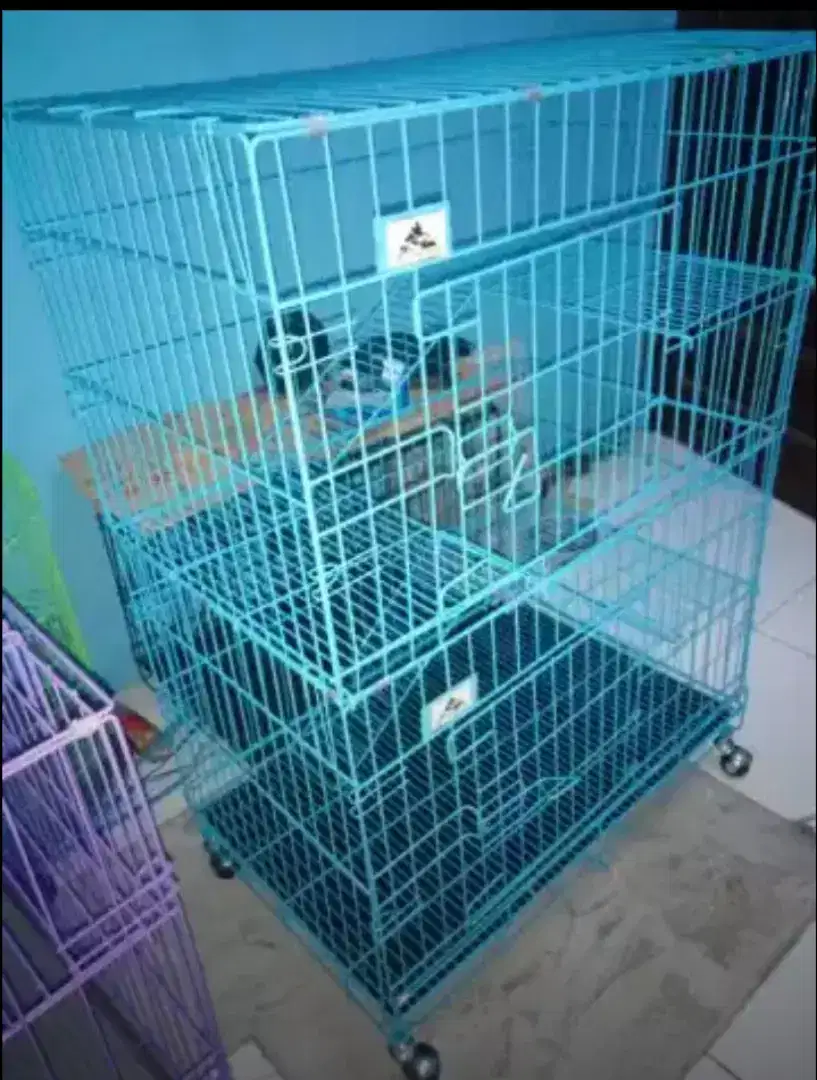 Kandang kucing 3tingkat medium full baru baki & roda alas