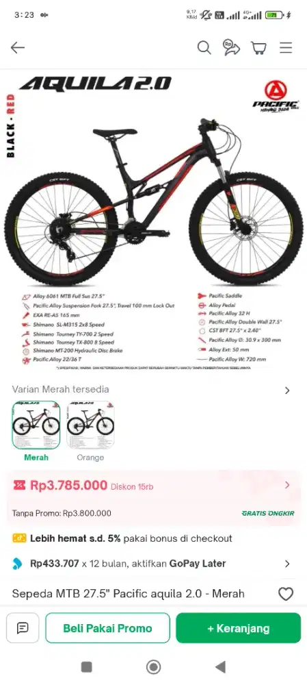 Sepeda Pasific Aquila 2.0 Doble suspend+ hidrolik rem 2019