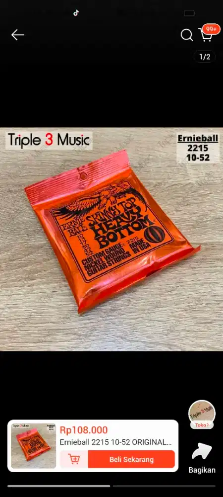 Senar gitar ernieball heavy bottom original 0.10-52. fender gibson