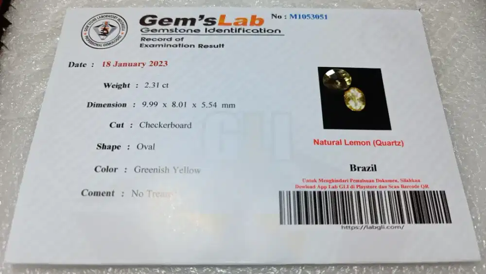 Natural Lemon Quartz 2.31 Ct Mewah Bersih Bersertifikat