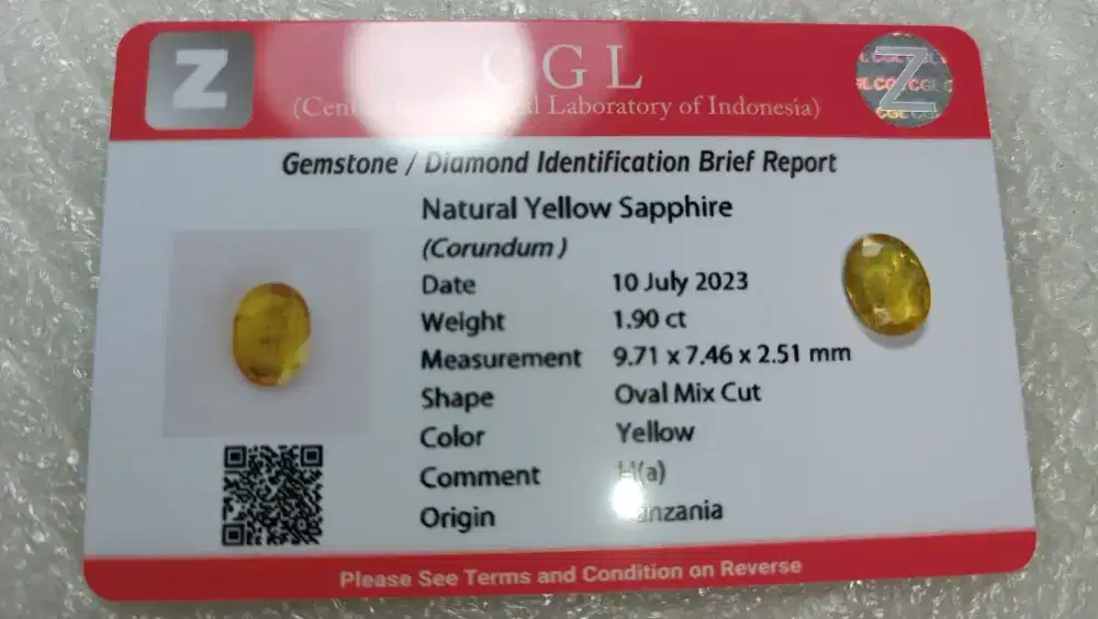 Natural Yellow Sapphire Corundum 1.90 Ct Songea Tanzania Memo CGL