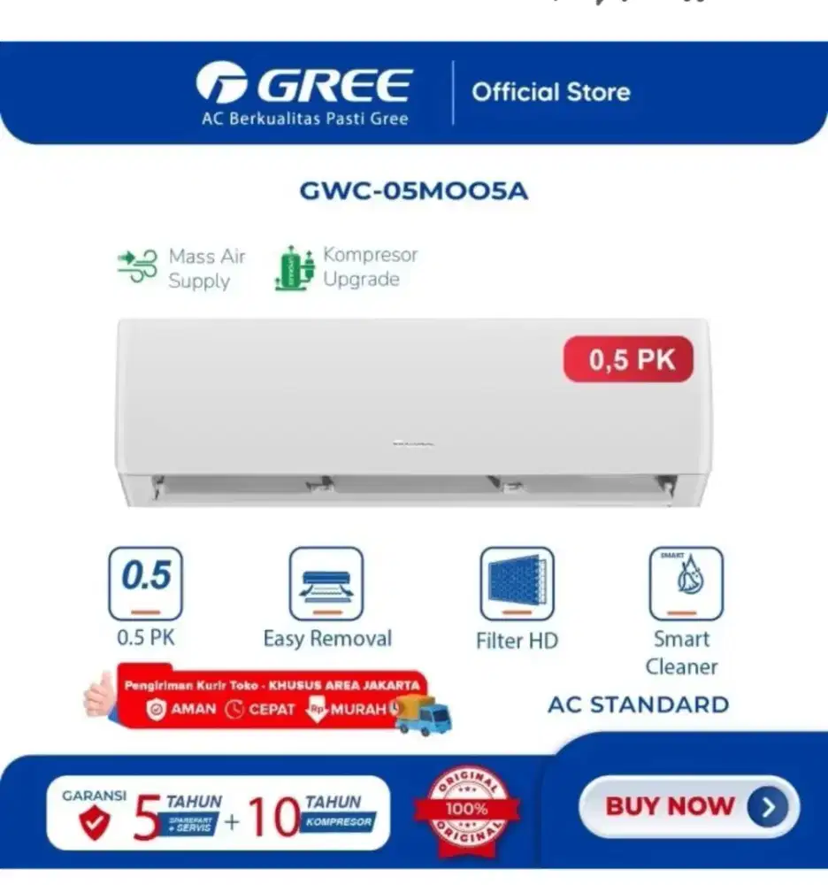 AC GREE 1/2 PK Standart r32 ( MOO05) +pemasangan dan bahan