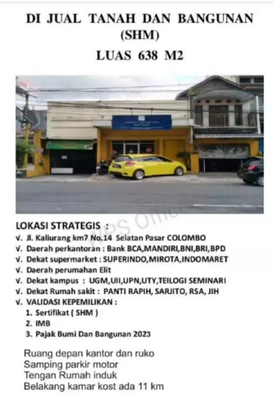 tanah dan bangunan istimewa pinggir jalan raya kaliurang KM 7