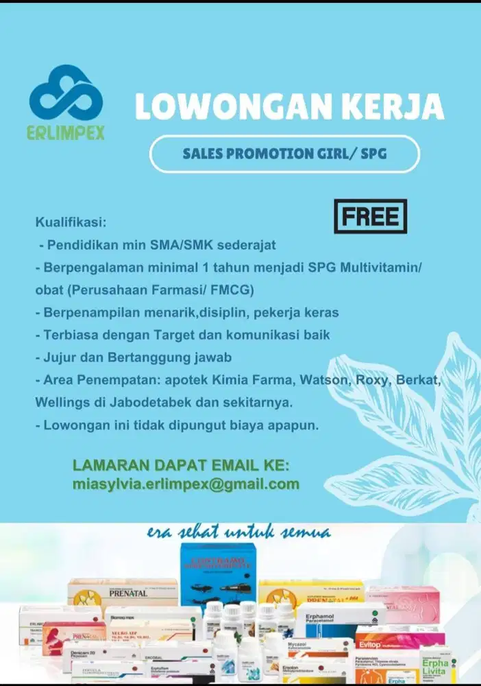 (Urgent Segera) Dibutuhkan SPG untuk Penempatan APOTEK KIMIA FARMA