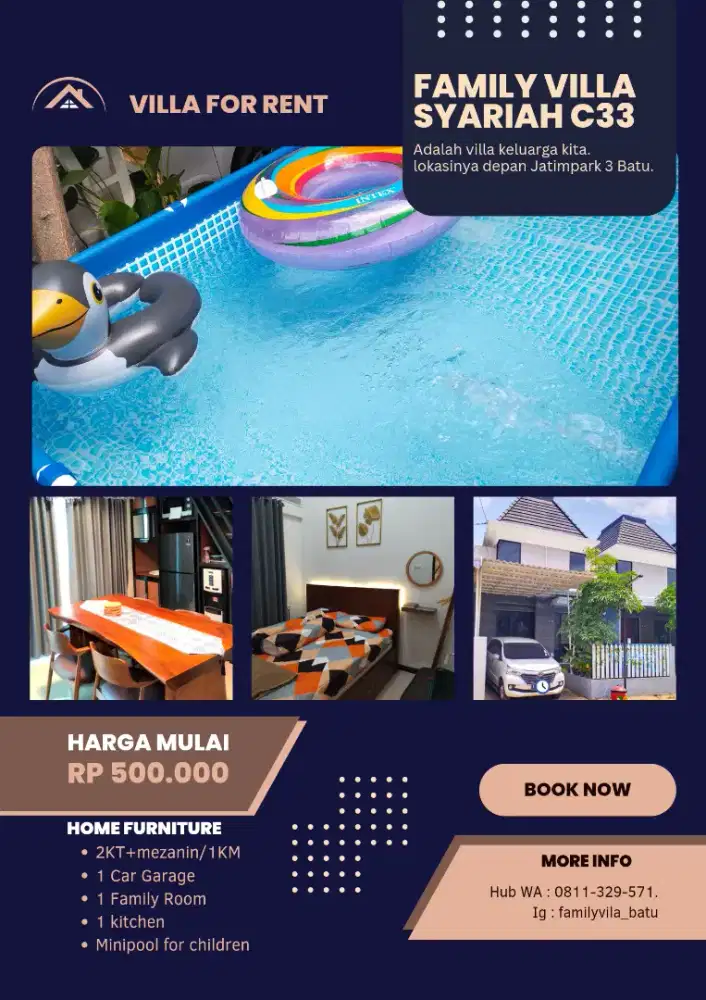 Villa Family Syariah Batu Lokasi depan Jatimpark 3 disewakan