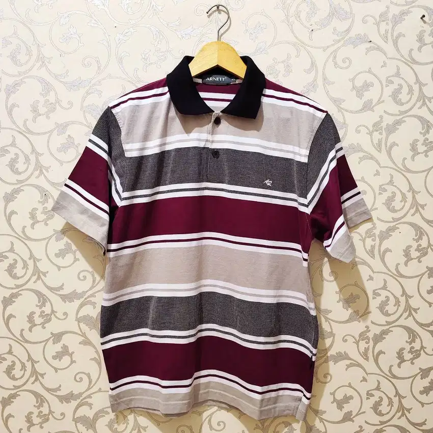 Kaos Polo Shirt Stripe Salur Arnett Original Maroon Grey White Beige