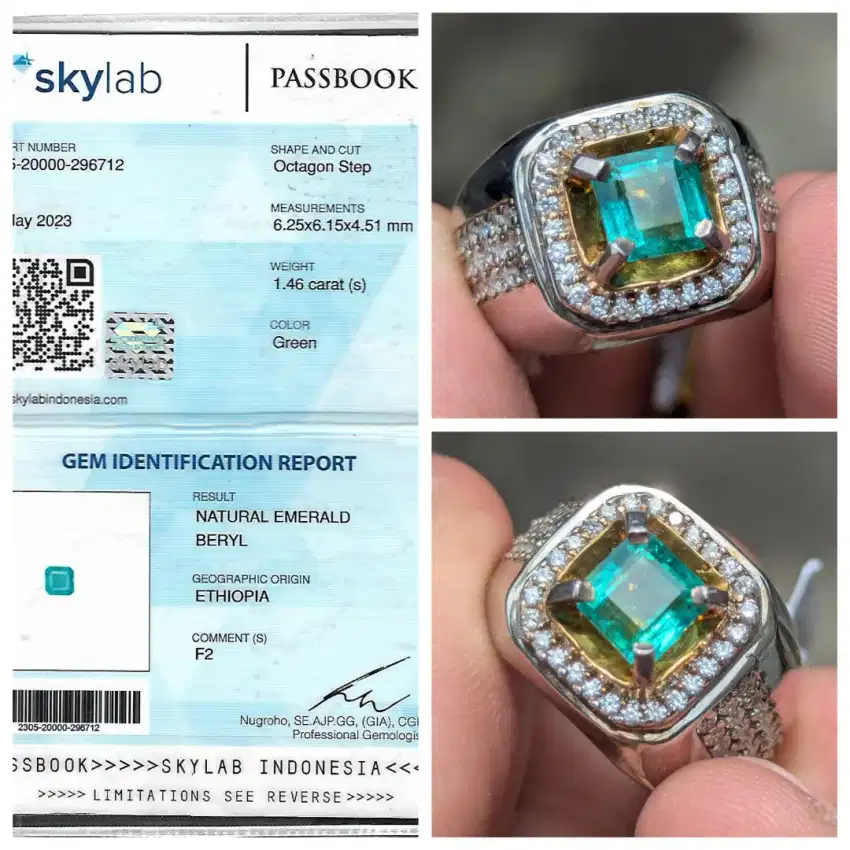 natural 1.46 cts emerald beryl zamrud ring perak sertifikat SKY lab