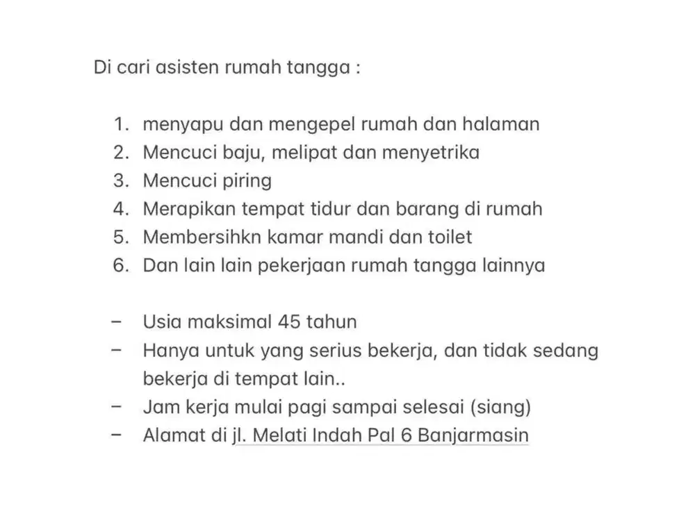 Dicari asisten rumah tangga