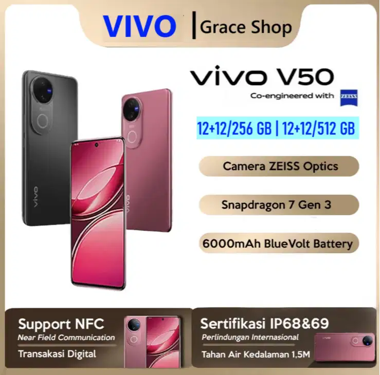 Vivo V50 12/512GB Snapdragon 7 Gen 3 (4nm) 6000mAh 90W | Garansi Resmi