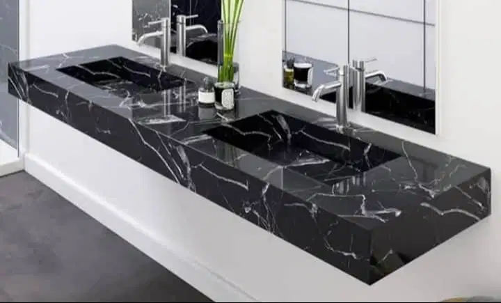 TOP MEJA MARMER MARQUINA BLACK ( URAT PUTIH )