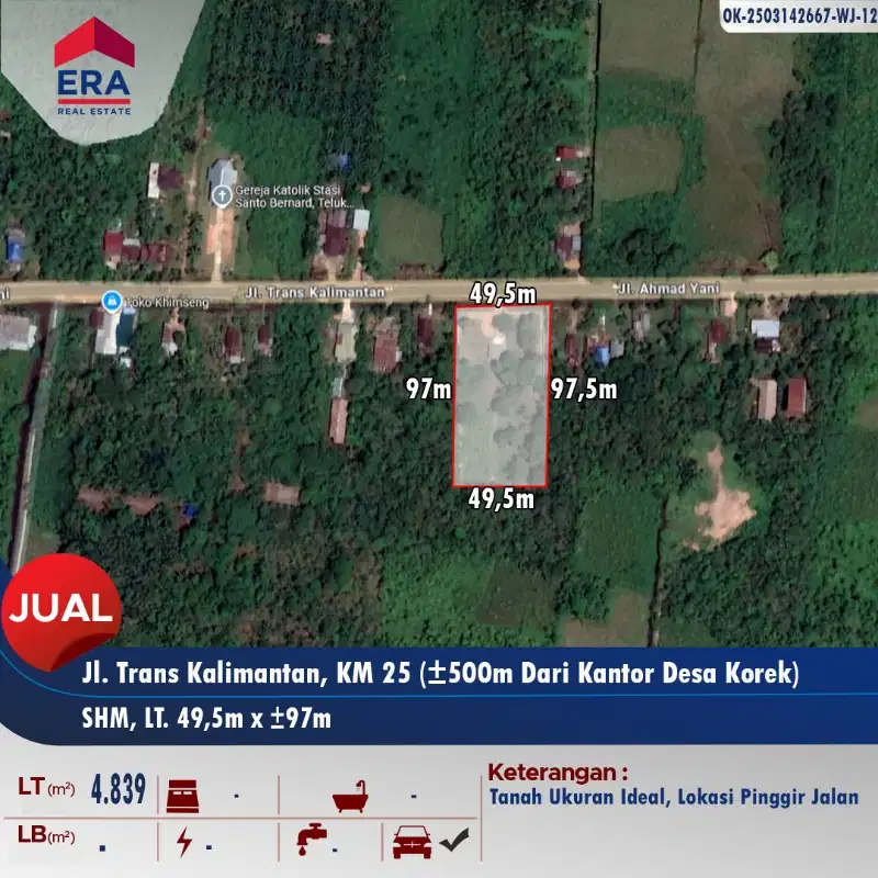 Dijual sebidang tanah di pinggir Jl. Trans Kalimantan Km 25
