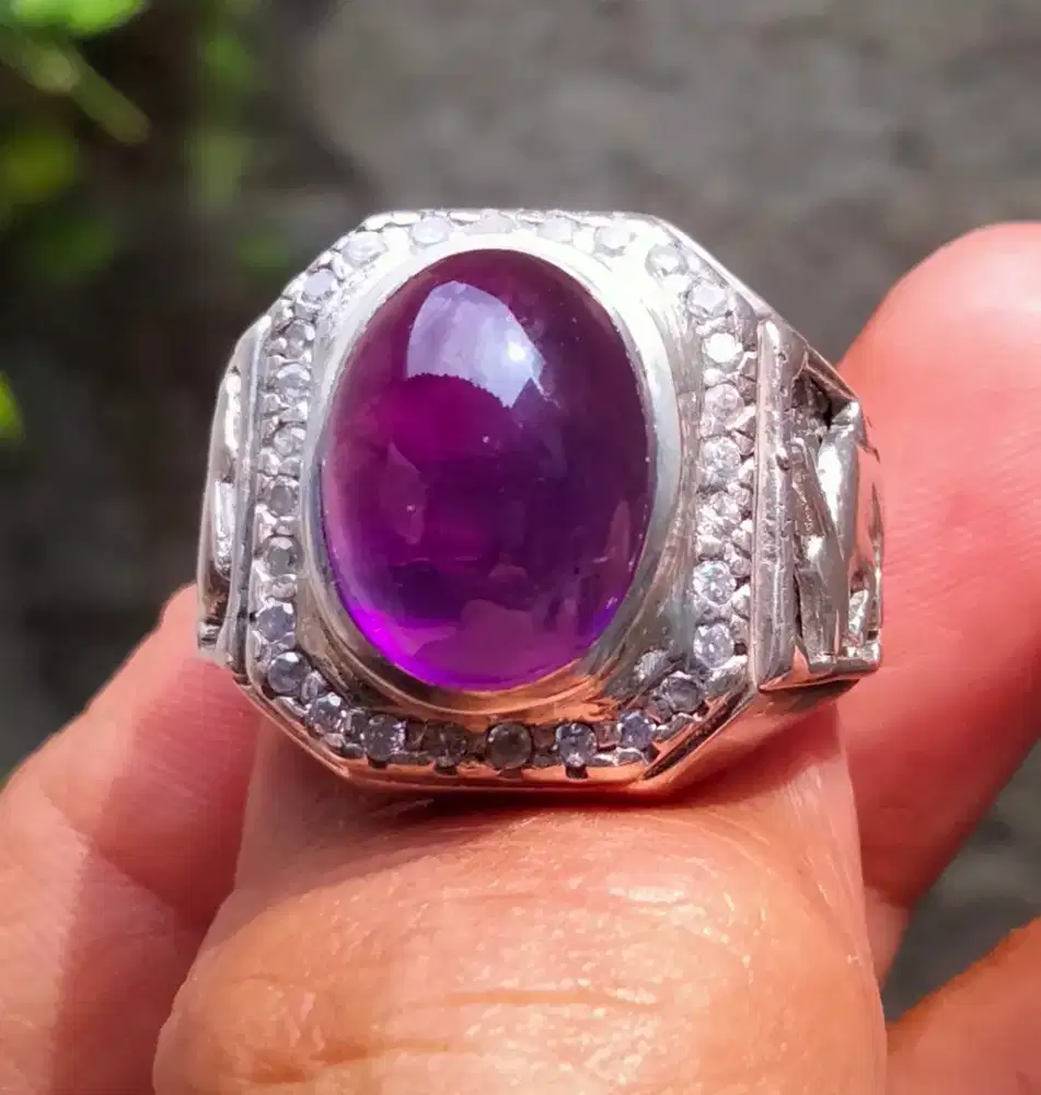 cincin perak tebal lawas kuno batu kecubung ungu kalimantan natural