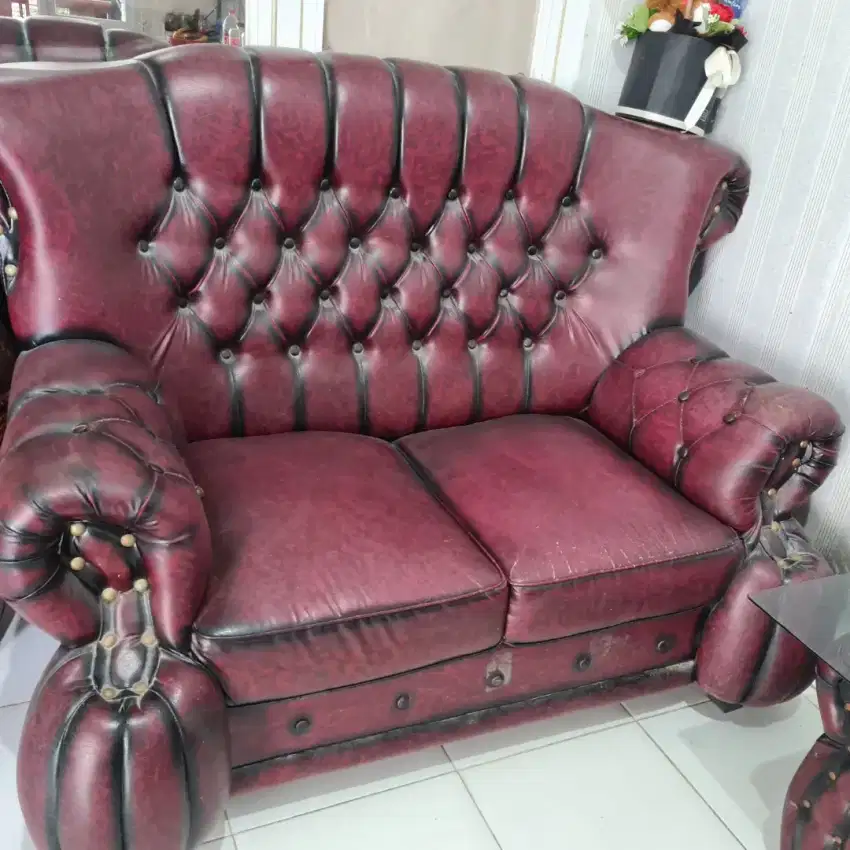 SOFA KULIT MEWAH 321 + MEJA KACA