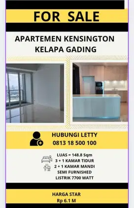 Dijual Apartemen Kensington 3 BR Rp 6.1 M