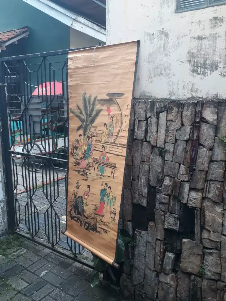 Antik vintage lukisan kertas gulung china ukuran besar stempel merah