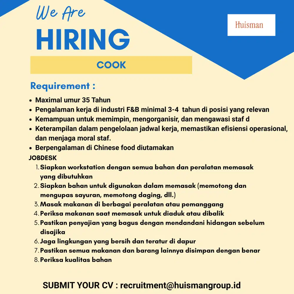 LOWONGAN KERJA WIATERS DAN COOK