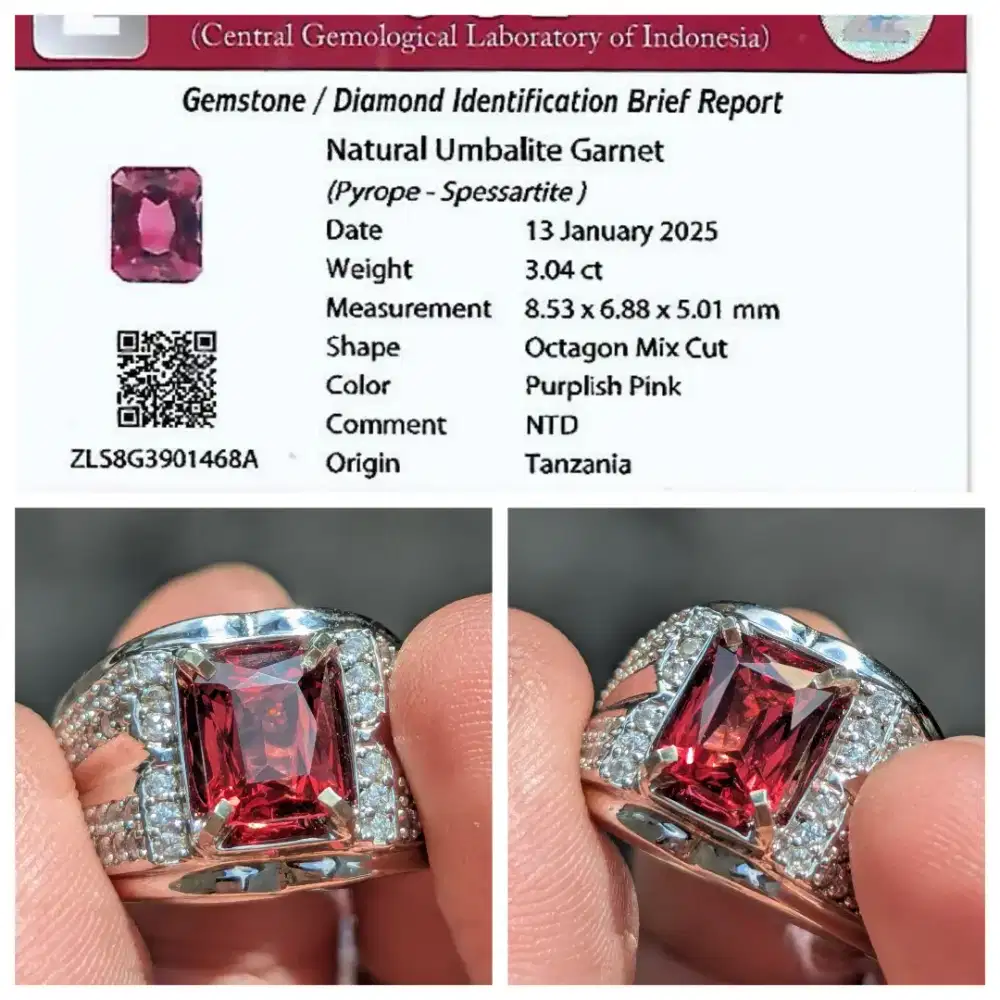 natural umbalite garnet 3.04 cts ring perak memo CGL lab