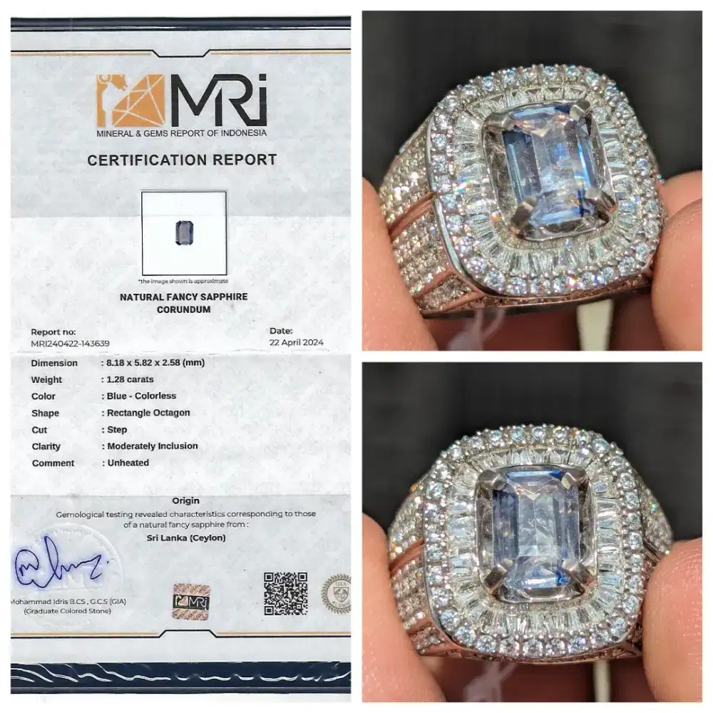 natural NTE fancy sapphire 1.28 cts ring perak sertifikat MRI lab