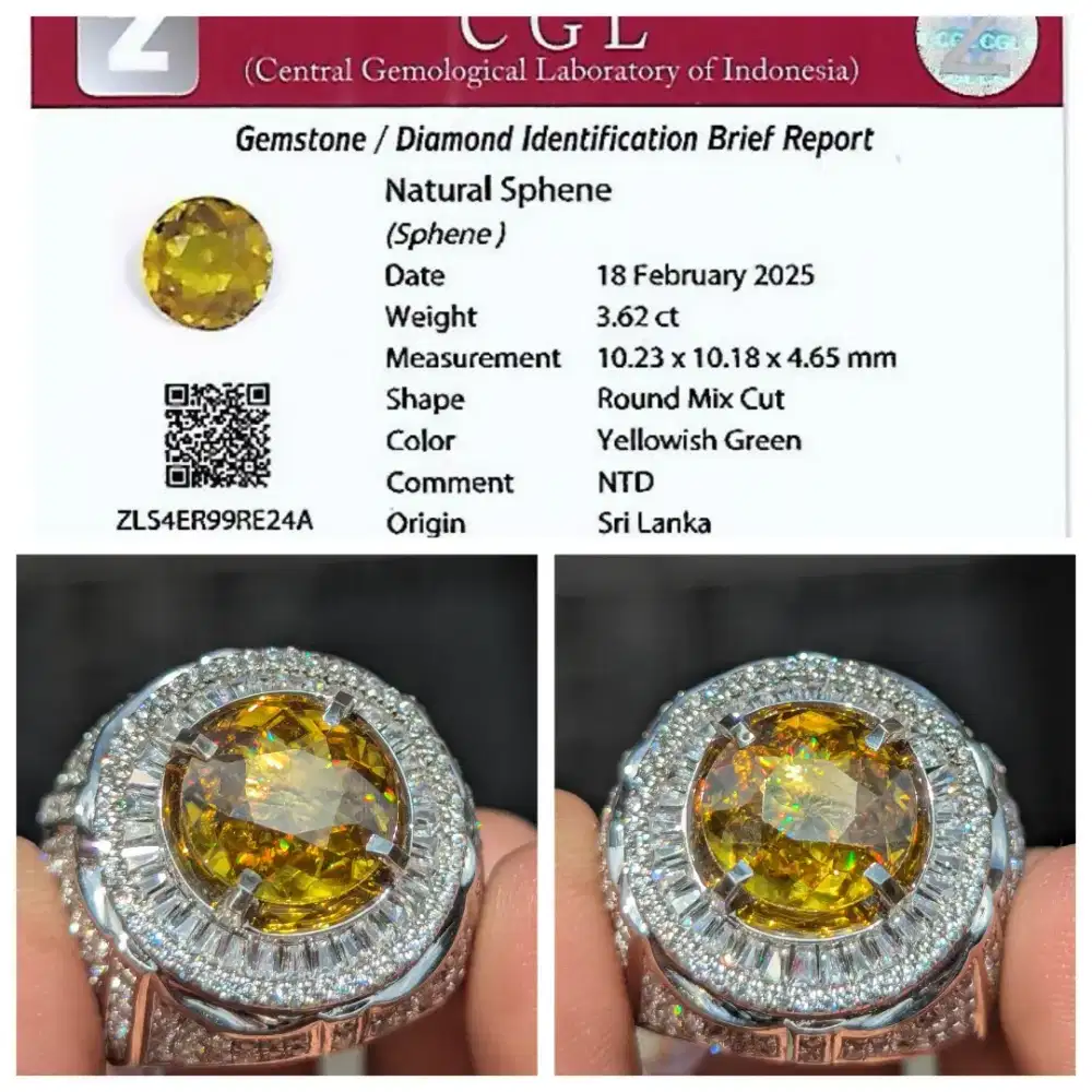 natural 3.62 cts HQ rainbow sphene ring perak memo CGL lab