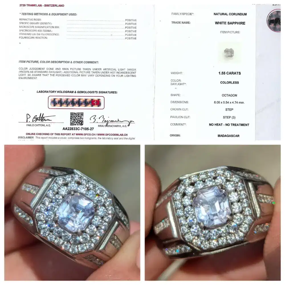 natural NTE colorless safir HQ ring perak sertifikat GFCO lab