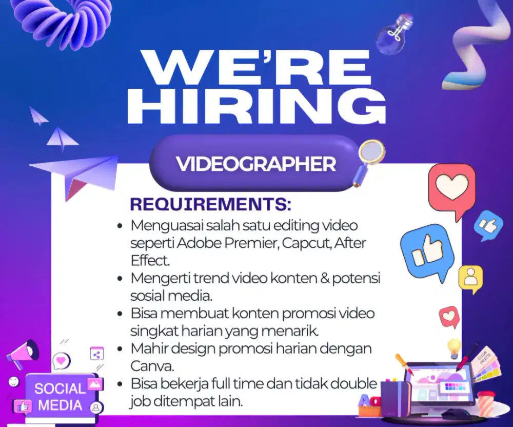 Di butuh media sosial handler, videographer maupun editor foto